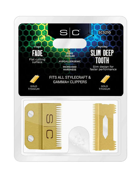 StyleCraft Clipper Fade Blade with Moving Gold Titanium Slim Deep Tooth Cutter Set
